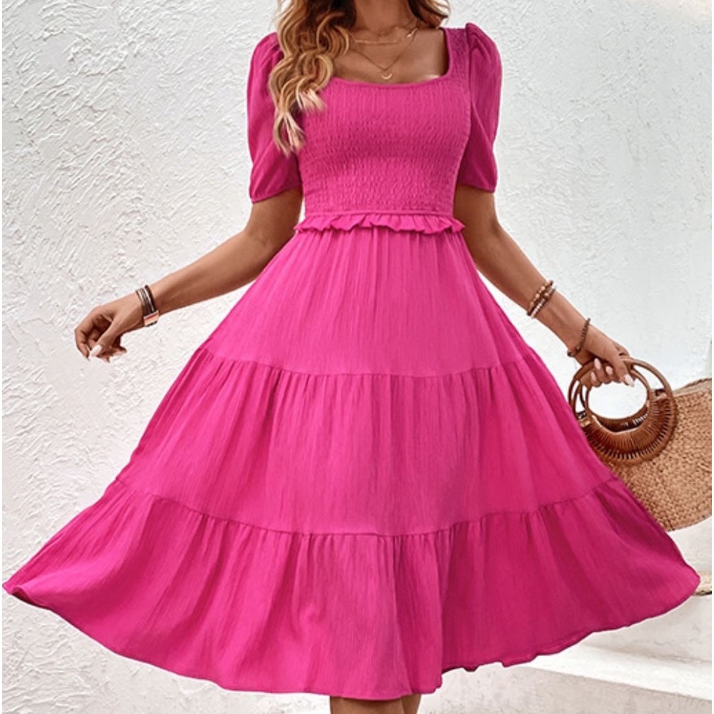 SQUARE NECK PUFF SLEEVE CUTOUT BACK DRESS